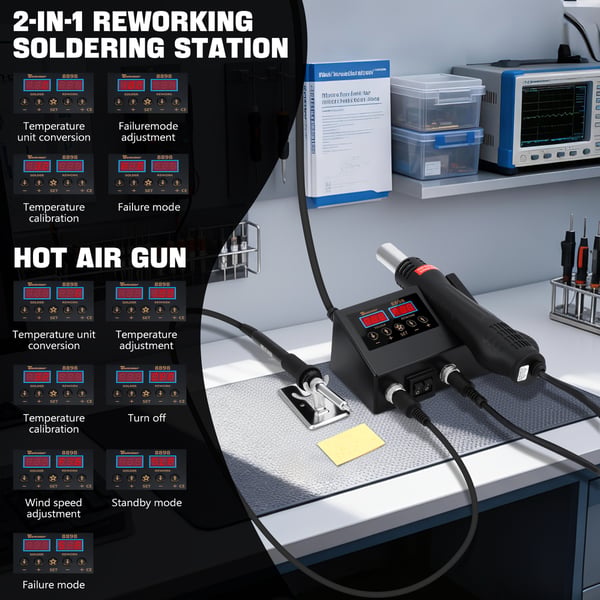 Kuumailma juotosasema - Rework-asema - 700 W - 100–480 °C - LED-näyttö - 3 suutinta - Musta
