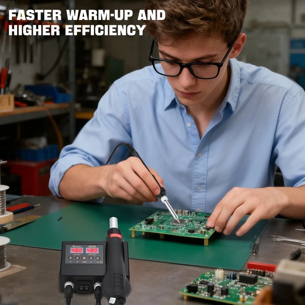 Kuumailma juotosasema - Rework-asema - 700 W - 100–480 °C - LED-näyttö - 3 suutinta - Musta