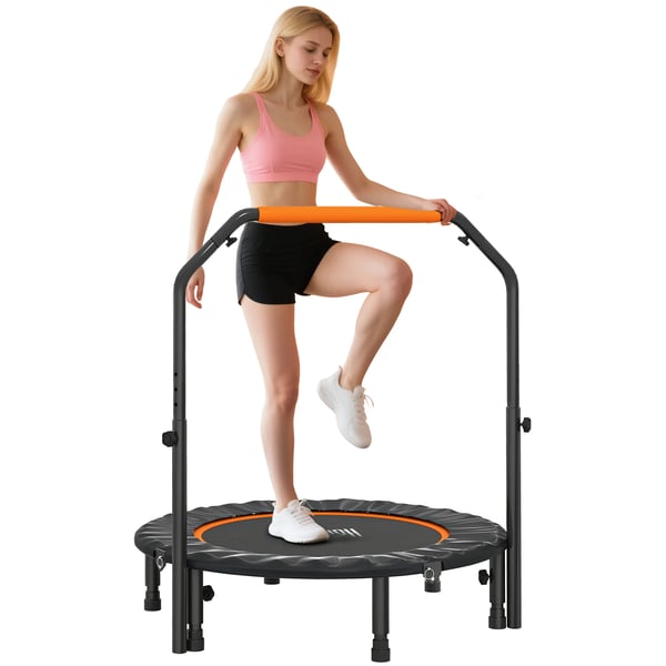 Fitnesstrampolin - Minitrampolin med Handtag - Diameter 102 cm - 4-Nivåers Justerbart Handtag - Hopfällbar - För Benträning - Orange
