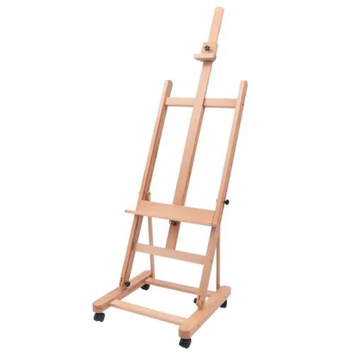 Atelierstaffeli - H-ramme - Højde 175–240 cm - Lærred op til 130 cm - Bøgetræ - Vinkel 0–90° - Bæreevne 30 kg - Låsebare hjul - Træfarve