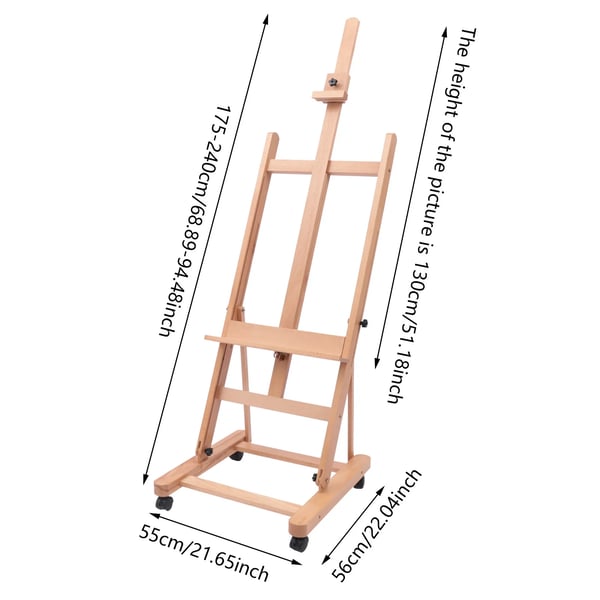 Atelierstaffeli - H-ramme - Højde 175–240 cm - Lærred op til 130 cm - Bøgetræ - Vinkel 0–90° - Bæreevne 30 kg - Låsebare hjul - Træfarve