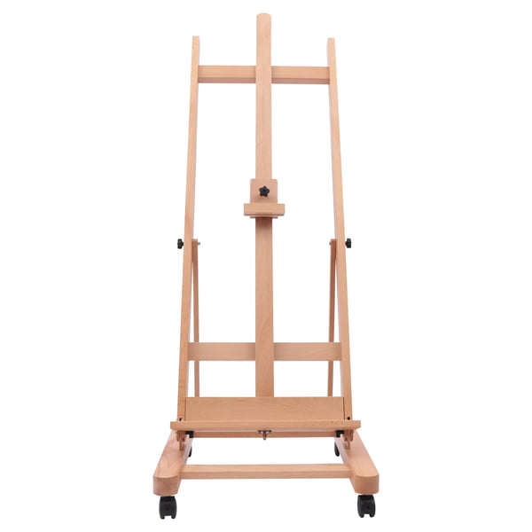 Atelierstaffeli - H-ramme - Højde 175–240 cm - Lærred op til 130 cm - Bøgetræ - Vinkel 0–90° - Bæreevne 30 kg - Låsebare hjul - Træfarve