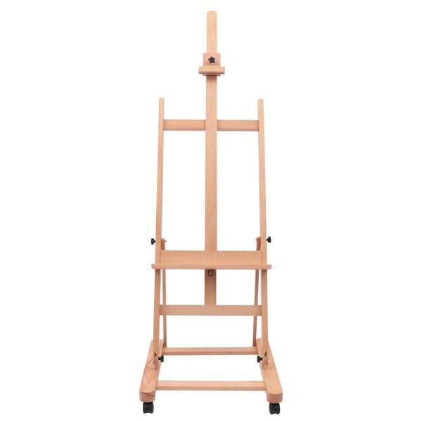 Atelierstaffeli - H-ramme - Højde 175–240 cm - Lærred op til 130 cm - Bøgetræ - Vinkel 0–90° - Bæreevne 30 kg - Låsebare hjul - Træfarve