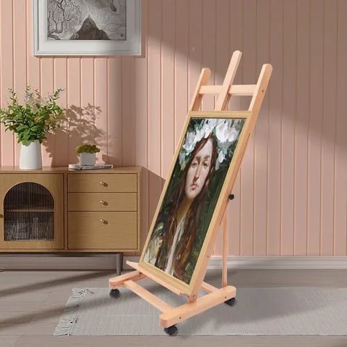 Atelierstaffeli - H-ramme - Højde 175–240 cm - Lærred op til 130 cm - Bøgetræ - Vinkel 0–90° - Bæreevne 30 kg - Låsebare hjul - Træfarve