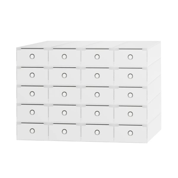 Sko opbevaring - Skokasser 20-pak - Stabelbare og gennemsigtige - 31×20×11 cm - Passer op til str. 40 - PP + jern - Hvid