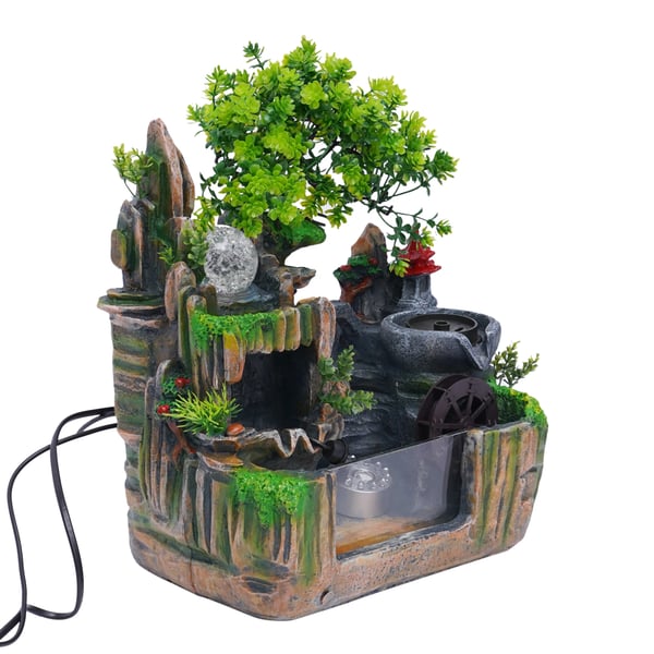 Bordfontæne - Mini Zen Vandfontæne - Stenlandskab - Tågemaskine - LED-lys - Harpiks - 18 x 30 x 33 cm - Flerfarvet