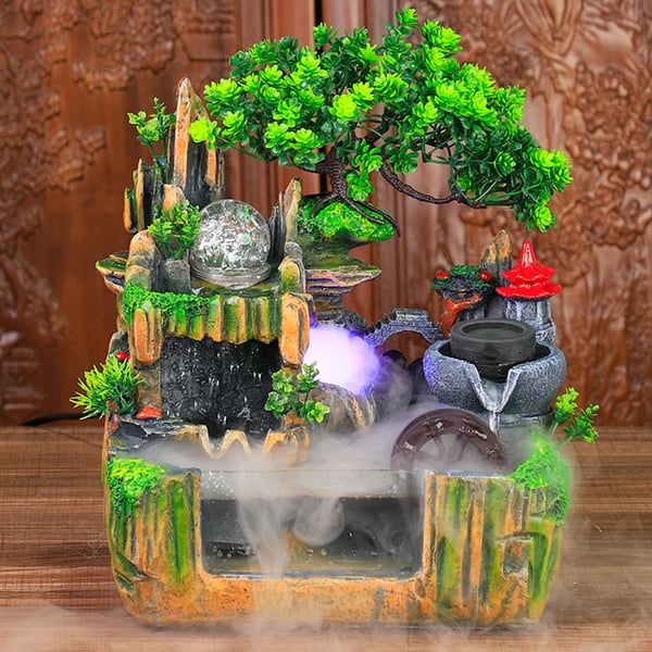 Pöytäsuihkulähde - Mini Zen Vesilähde - Kivimaisema - Sumukone - LED-valo - Hartsi - 18 x 30 x 33 cm - Monivärinen