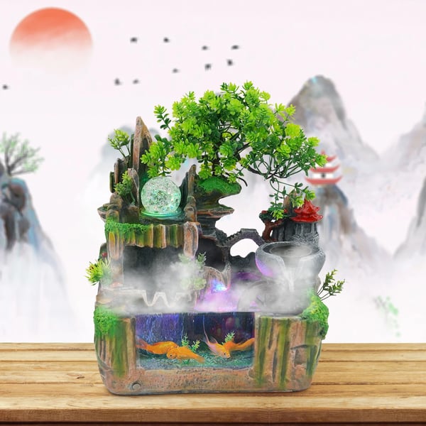Pöytäsuihkulähde - Mini Zen Vesilähde - Kivimaisema - Sumukone - LED-valo - Hartsi - 18 x 30 x 33 cm - Monivärinen