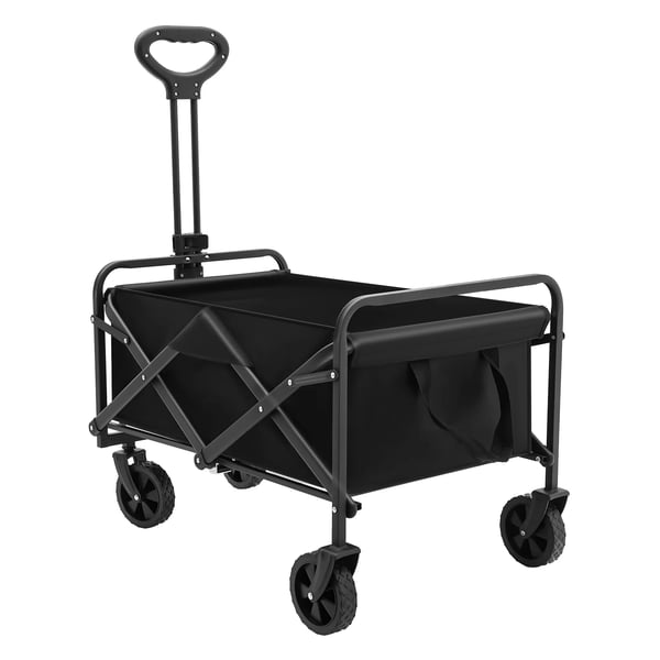 Taitettava käsikärry - Puutarhavaunu - Kantavuus 80 kg - Kumipyörät Ø 12,7 cm - Säädettävä aisa 68–92 cm - 2 mukitelinettä - 51×13×68 cm - Musta