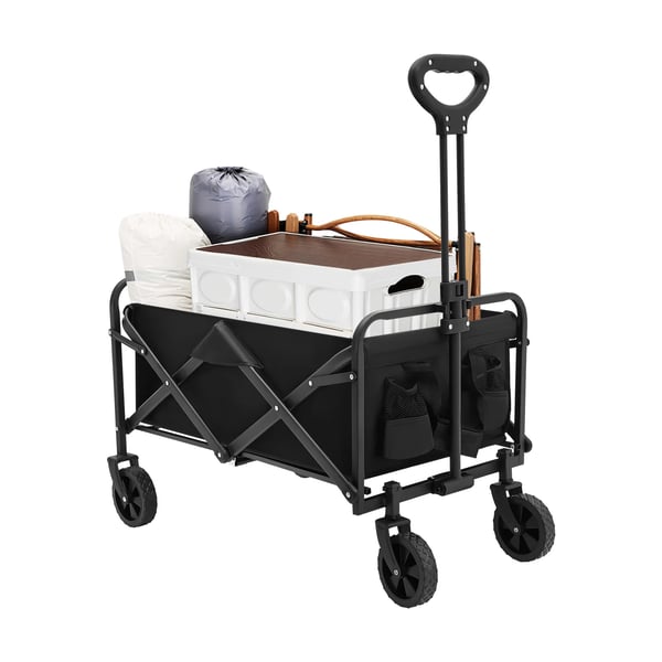 Taitettava käsikärry - Puutarhavaunu - Kantavuus 80 kg - Kumipyörät Ø 12,7 cm - Säädettävä aisa 68–92 cm - 2 mukitelinettä - 51×13×68 cm - Musta