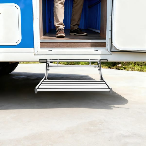 Autocamper trappetrin - Manuelt rektangulært trin - Bæreevne 150 kg - Bredde 55 cm - Til autocamper, campingvogn, lastbil - Sølv