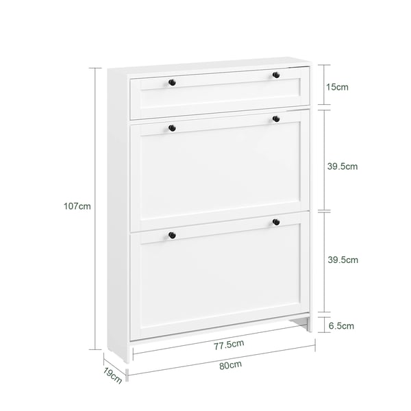 Skoskab FSR207-W - Smalt skoskab - Op til 8 par - Vippeskuffer og klapdøre - Til små rum - 80x19x107 cm - Hvid