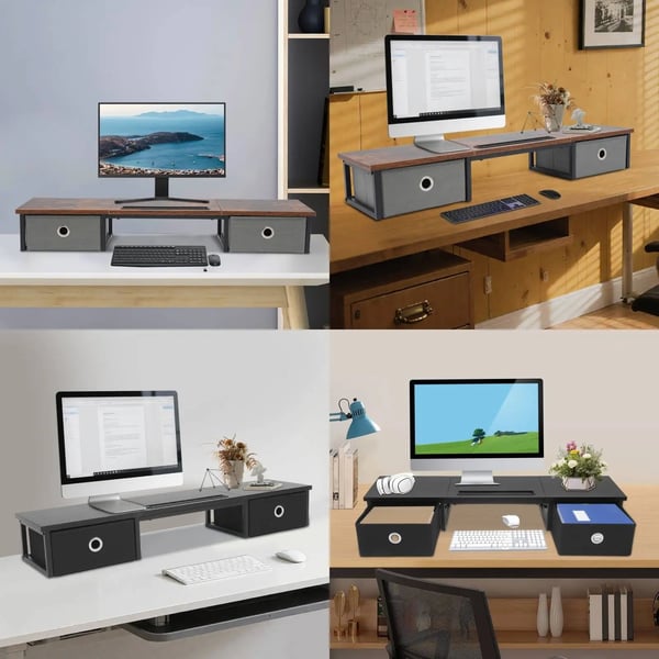 Skærmstander - Skrivebordsorganizer - 2 skuffer - Til 25–51 cm laptop/monitor - 100×24×14,4 cm - Brun