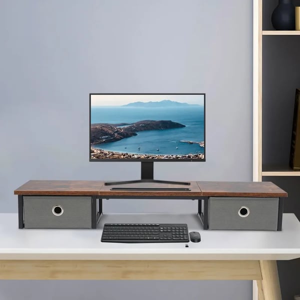 Skærmstander - Skrivebordsorganizer - 2 skuffer - Til 25–51 cm laptop/monitor - 100×24×14,4 cm - Brun