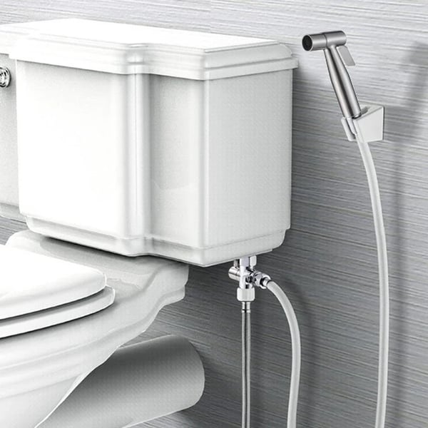 Bidet håndbruser med slange og holder - Toiletbruser - Væghængt - Rustfrit stål - Vandret stråle - Enkelt hul - Lysegrå