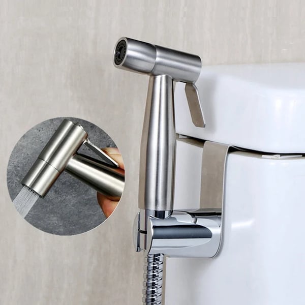 Bidet håndbruser med slange og holder - Toiletbruser - Væghængt - Rustfrit stål - Vandret stråle - Enkelt hul - Lysegrå