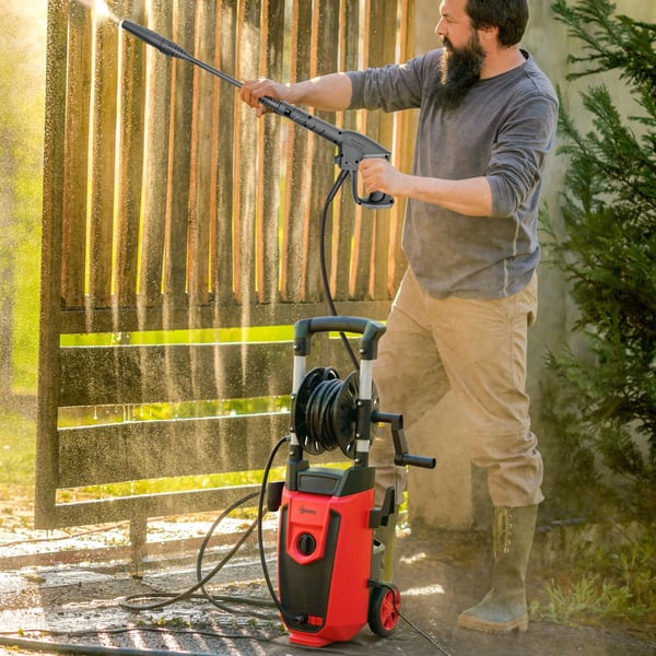 Elektrisk högtryckstvätt - 1800 W - Justerbart munstycke - Automatisk stopp - 30×27,5×76 cm - Plast - Röd