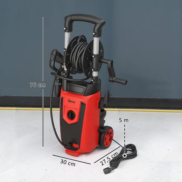 Elektrisk högtryckstvätt - 1800 W - Justerbart munstycke - Automatisk stopp - 30×27,5×76 cm - Plast - Röd