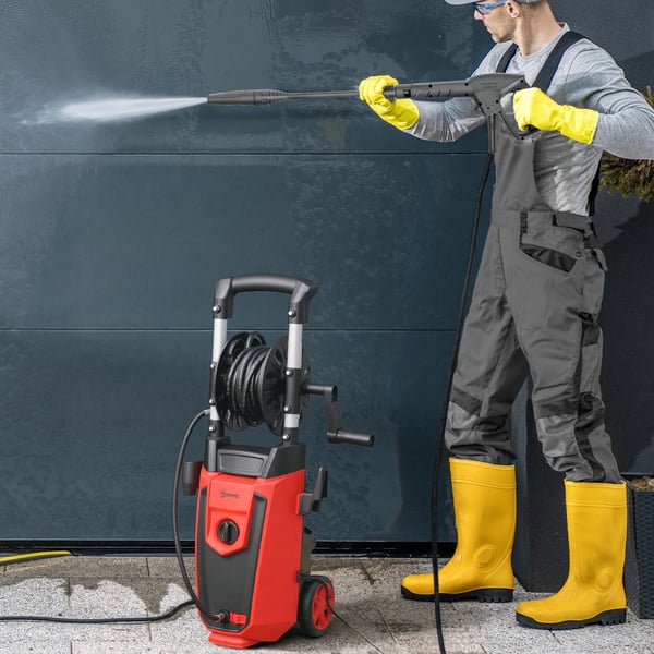 Elektrisk högtryckstvätt - 1800 W - Justerbart munstycke - Automatisk stopp - 30×27,5×76 cm - Plast - Röd