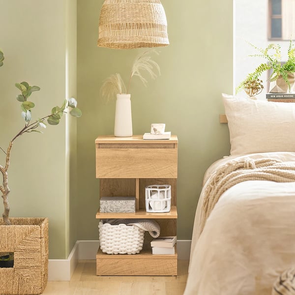 Smalt sängbord - Nattduksbord - Massivt trä - 1 låda, 2 hyllor - 39×39×65 cm - Minimalistisk design - Brun