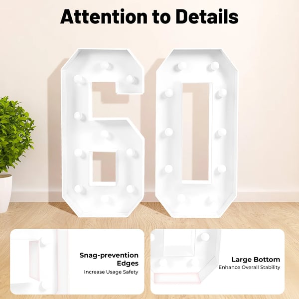 LED-tal 60 - Lysnummer til 60-års fødselsdag - 100 cm - Varmt lys - Hvid
