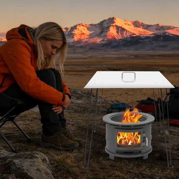 Varmeskjold til ildsted - Kvadratisk - Rustfrit stål - Med bærehåndtag - Leder varmen nedad og udad - Til camping og picnic - Sølv