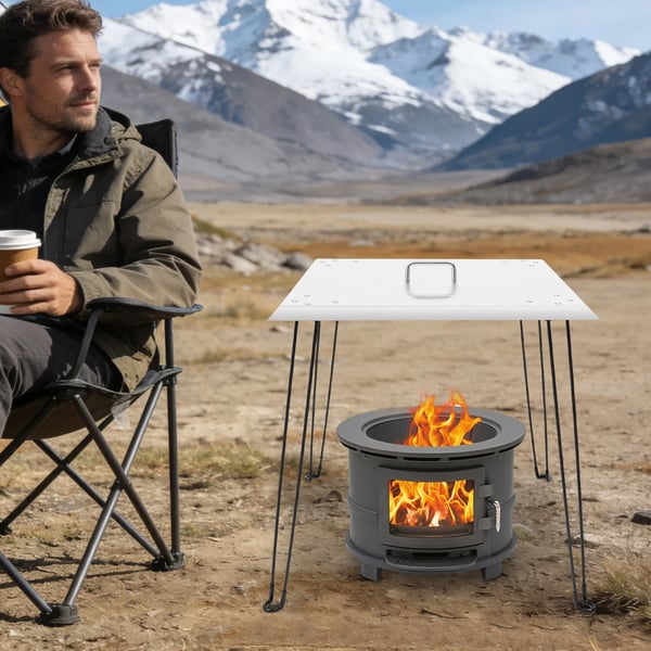 Varmeskjold til ildsted - Kvadratisk - Rustfrit stål - Med bærehåndtag - Leder varmen nedad og udad - Til camping og picnic - Sølv