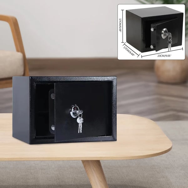 Pengeskab i stål - Vægmonteret sikkerhedsboks - Nøglelås - 4,6 L - 3 nøgler - 23×17×17 cm - Dør 1,7 mm - Korpus 1 mm - Sort