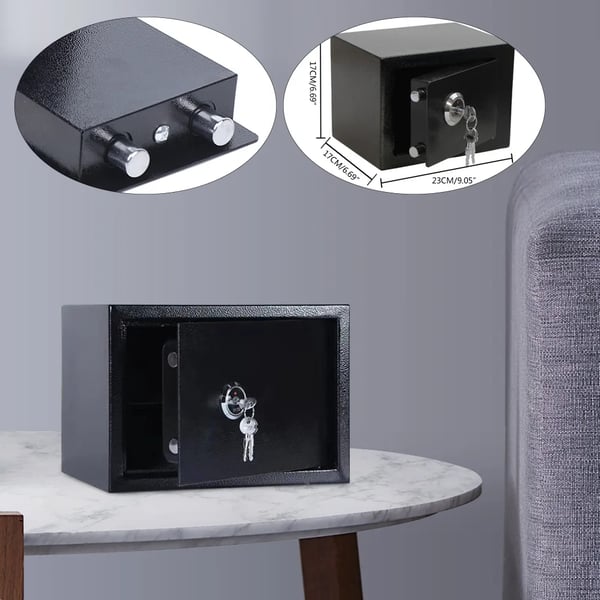 Pengeskab i stål - Vægmonteret sikkerhedsboks - Nøglelås - 4,6 L - 3 nøgler - 23×17×17 cm - Dør 1,7 mm - Korpus 1 mm - Sort