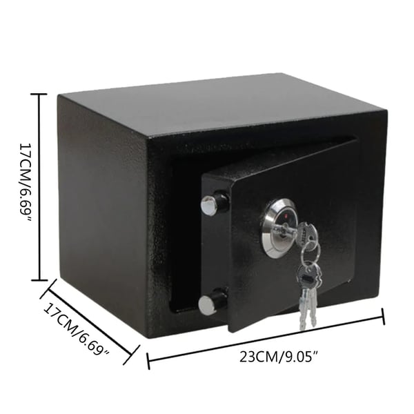 Pengeskab i stål - Vægmonteret sikkerhedsboks - Nøglelås - 4,6 L - 3 nøgler - 23×17×17 cm - Dør 1,7 mm - Korpus 1 mm - Sort
