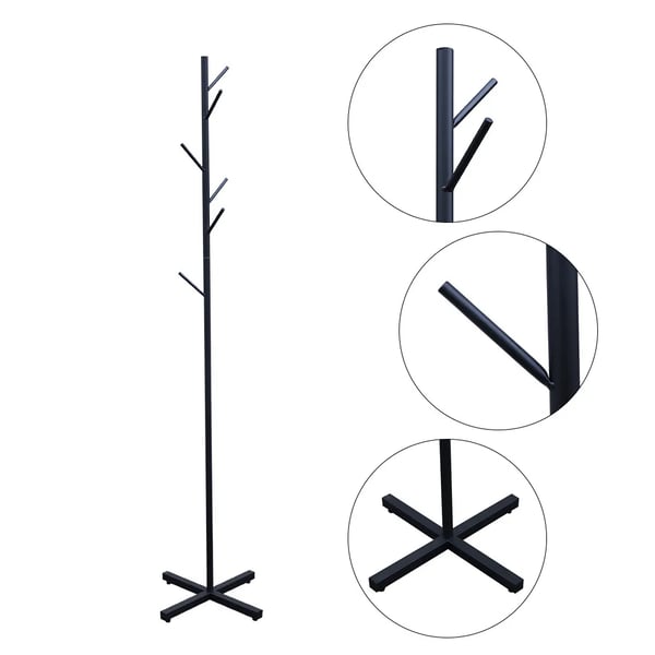Fritstående stumtjener i metal - Frakke- & hatteholder - 7 Kroge - Trægren-design - 170 cm Højde - 42x42 cm Base - Pladsbesparende - Jern - Sort