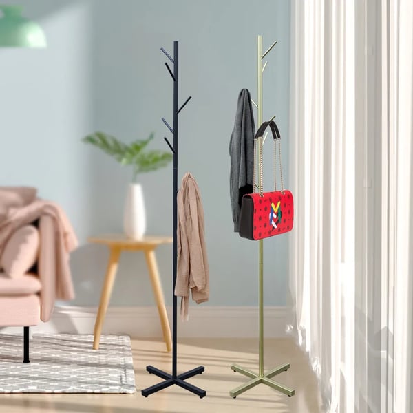 Fritstående stumtjener i metal - Frakke- & hatteholder - 7 Kroge - Trægren-design - 170 cm Højde - 42x42 cm Base - Pladsbesparende - Jern - Sort
