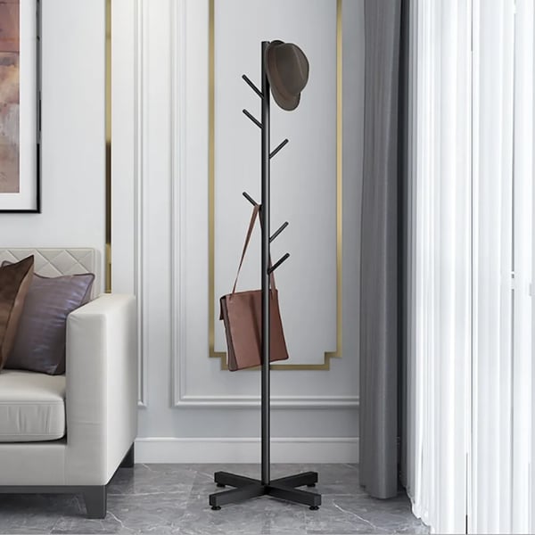 Fritstående stumtjener i metal - Frakke- & hatteholder - 7 Kroge - Trægren-design - 170 cm Højde - 42x42 cm Base - Pladsbesparende - Jern - Sort