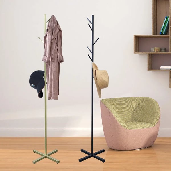 Fritstående stumtjener i metal - Frakke- & hatteholder - 7 Kroge - Trægren-design - 170 cm Højde - 42x42 cm Base - Pladsbesparende - Jern - Sort
