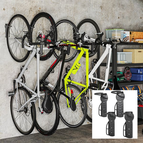 Cykelväggfäste - 4-pack hopfällbara krokar - Upp till 30 kg - Stål - Med skruvar - För landsvägscyklar - Svart