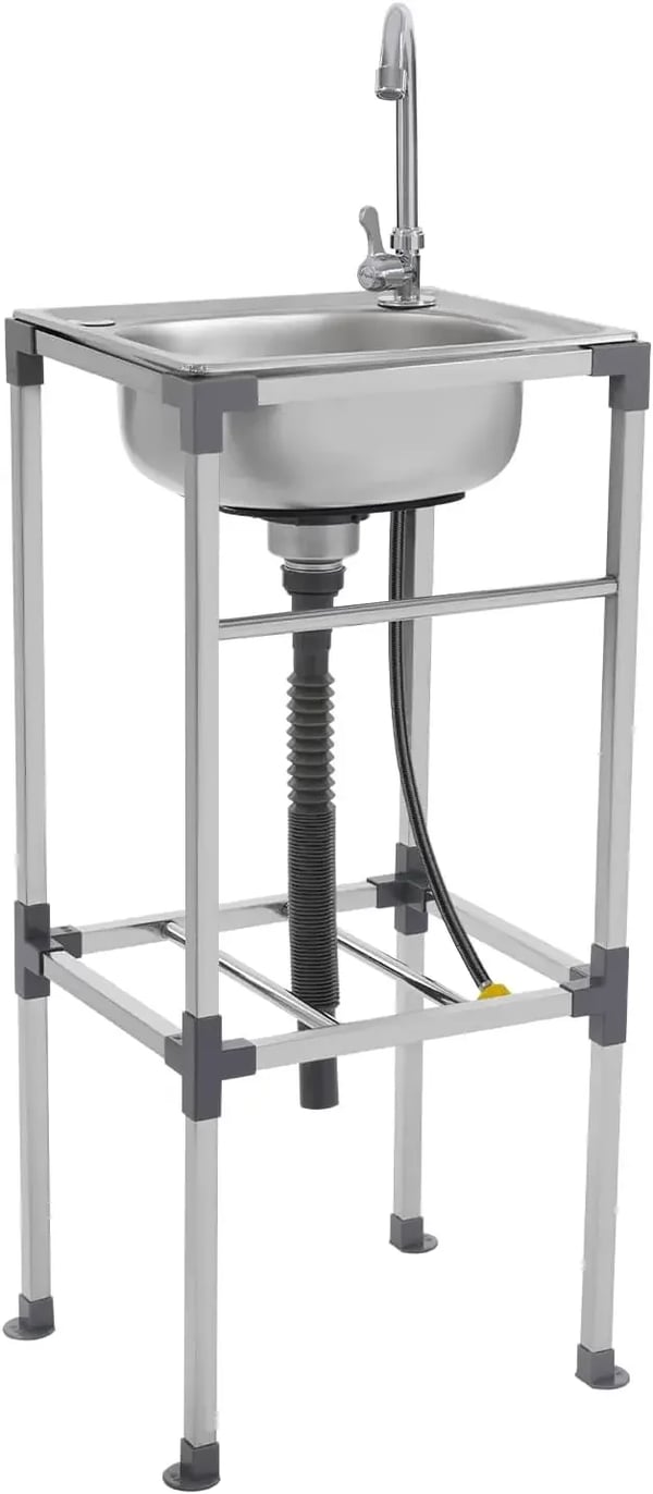 Fritstående køkkenvask - Mobil vask - 304 rustfrit stål - Med vandhane - Enkel kumme - To huller - Afløbssystem - 42×37×83 cm - Sølv
