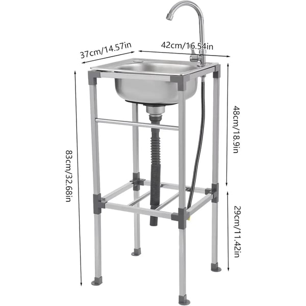 Fritstående køkkenvask - Mobil vask - 304 rustfrit stål - Med vandhane - Enkel kumme - To huller - Afløbssystem - 42×37×83 cm - Sølv
