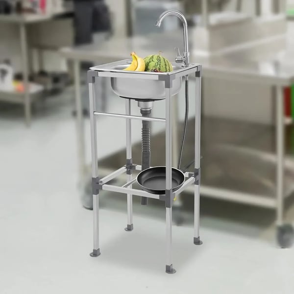 Fritstående køkkenvask - Mobil vask - 304 rustfrit stål - Med vandhane - Enkel kumme - To huller - Afløbssystem - 42×37×83 cm - Sølv
