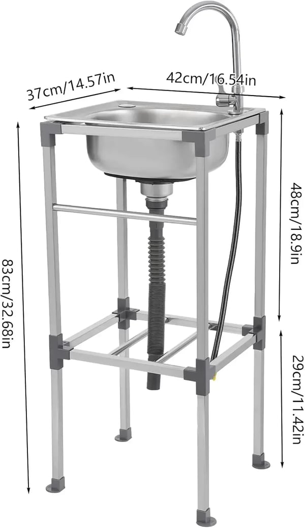 Fritstående køkkenvask - Mobil vask - 304 rustfrit stål - Med vandhane - Enkel kumme - To huller - Afløbssystem - 42×37×83 cm - Sølv