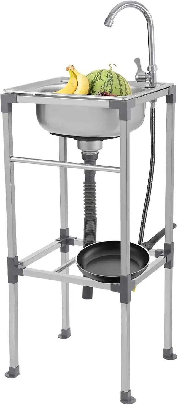 Fritstående køkkenvask - Mobil vask - 304 rustfrit stål - Med vandhane - Enkel kumme - To huller - Afløbssystem - 42×37×83 cm - Sølv
