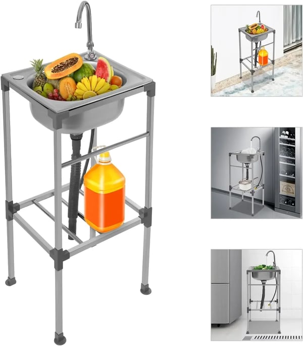 Fritstående køkkenvask - Rustfrit stål - Enkelt kumme - Med armatur, 1 hul - Selvmontering - 38 x 33 x 83 cm - Sølv