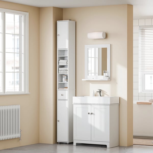BZR34-II - Badeværelseshøjskab - Træ - Justerbare hylder - Pladsbesparende - Moderne design - Samling kræves - Hvid