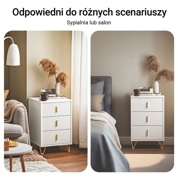 Natbord / Sengebord - FBT115-L 3 Skuffer - Højde 63 cm - Træ - Minimalistisk Moderne - Samling Påkrævet - Hvid