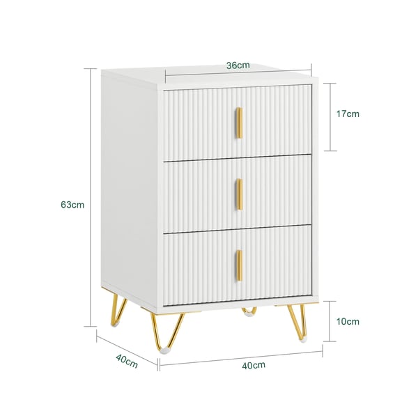 Natbord / Sengebord - FBT115-L 3 Skuffer - Højde 63 cm - Træ - Minimalistisk Moderne - Samling Påkrævet - Hvid