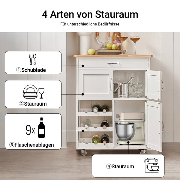 Serveringsvogn/Køkkenvogn - Model FKW45 - Fritstående - Træ - Til Køkken/Stue/Spisestue - Samling Påkrævet - Elfenbensfarvet