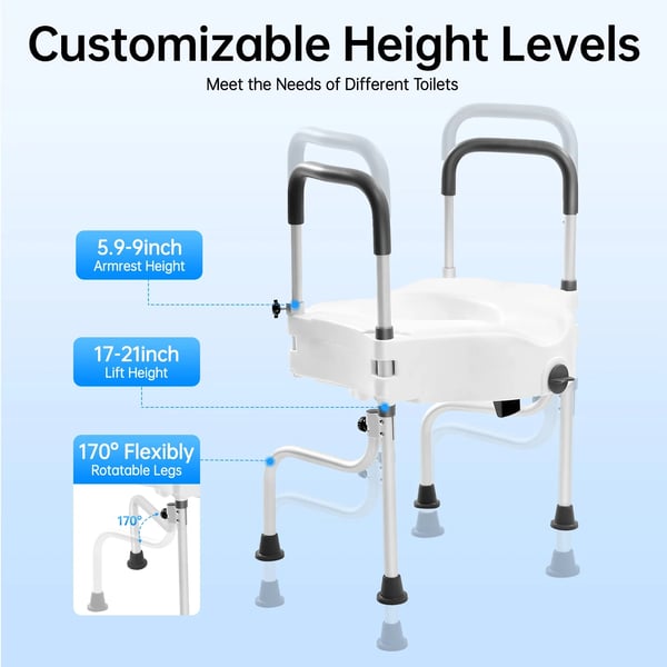 Toiletforhøjer - Med armlæn - Justerbar højde 15–23 cm - Maks 150 kg - Aluminiumslegering - Hvid