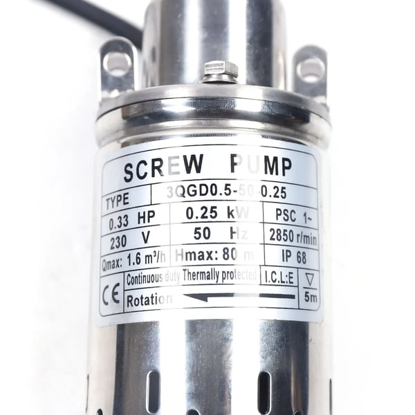 Dybbrøndspumpe - Nedsænkelig pumpe - Effekt 250 W - Spænding 220 V/50 Hz - Maks. 1600 l/t - Løftehøjde op til 80 m - Diameter 7,6 cm - Sølv
