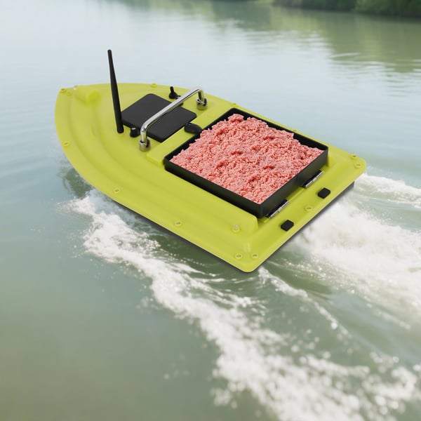 Fjernstyret foderbåd - RC agnbåd - LCD-display - Rækkevidde 500 m - Driftstid 2 t - Foderkapacitet 2 kg - Størrelse 50×26×18 cm - Grøn