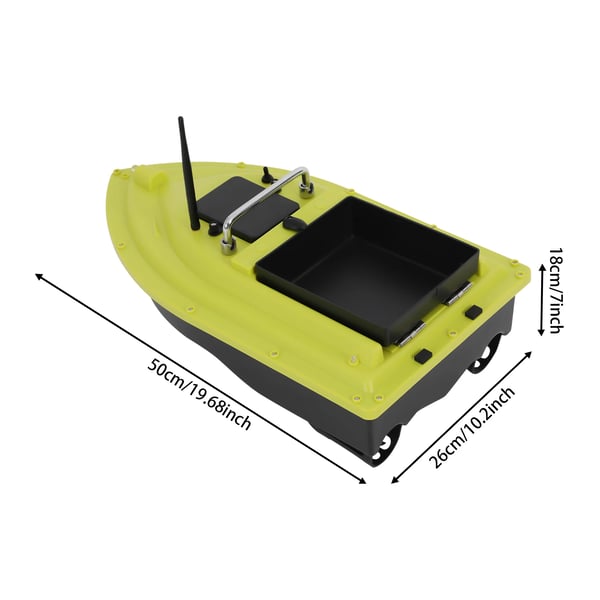 Fjernstyret foderbåd - RC agnbåd - LCD-display - Rækkevidde 500 m - Driftstid 2 t - Foderkapacitet 2 kg - Størrelse 50×26×18 cm - Grøn