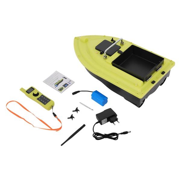 Fjernstyret foderbåd - RC agnbåd - LCD-display - Rækkevidde 500 m - Driftstid 2 t - Foderkapacitet 2 kg - Størrelse 50×26×18 cm - Grøn
